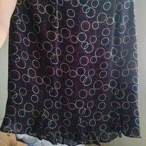 Vintage Talbots Black Circle Print 100% Silk Ruffle Midi Skirt Size 12